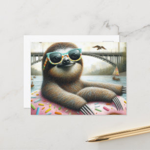 Adorable Sloth floating in a Doughnut  Postcard