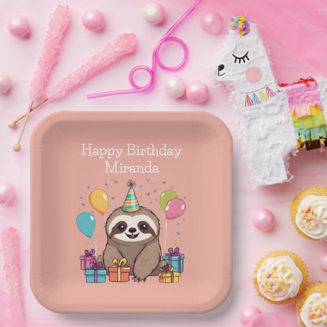 Adorable Sloth Happy Birthday Personalised Pink Paper Plate (Party)