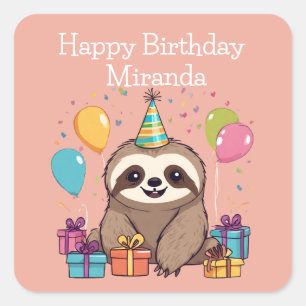 Adorable Sloth Happy Birthday Personalised Pink Square Sticker
