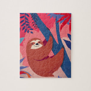 Adorable Sloth in Pink Colourful Jungle Jigsaw Puzzle