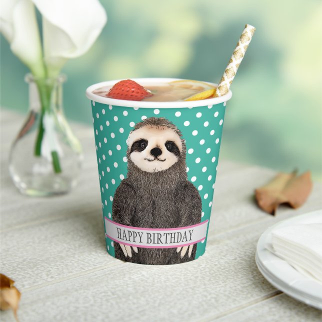 Adorable Sloth Teal Kid's Happy Birthday Animal Paper Cups (Insitu)