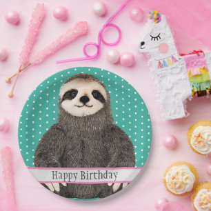 Adorable Sloth Teal Kid's Happy Birthday Animal Paper Plate