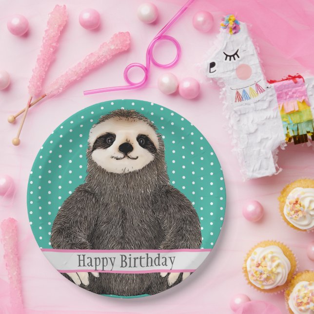 Adorable Sloth Teal Kid's Happy Birthday Animal Paper Plate (Party)