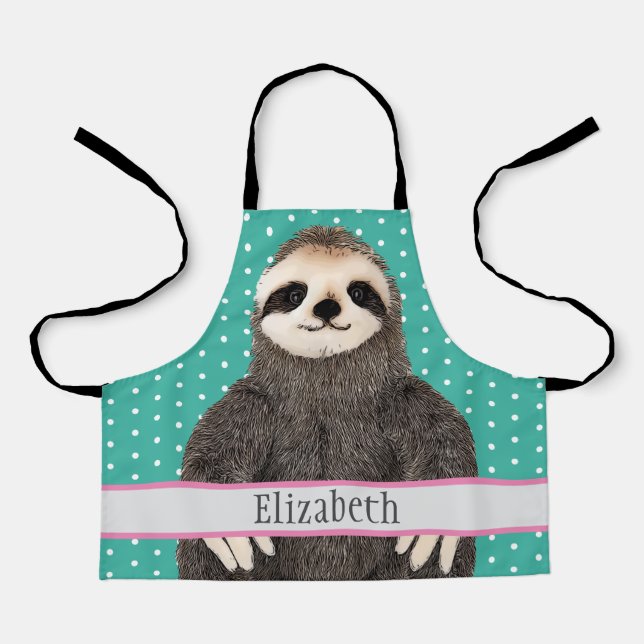 Adorable Sloth Teal Name Kids Animal Apron (Front)