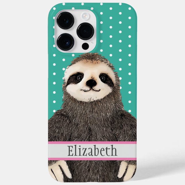 Adorable Sloth Teal Name Kids Animal Apron Case-Mate iPhone Case (Back)
