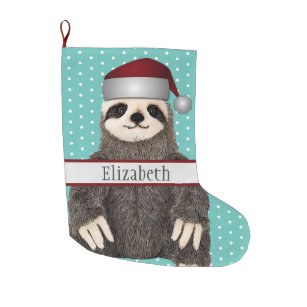 Adorable Sloth Teal Name Kids Animal Large Christmas Stocking