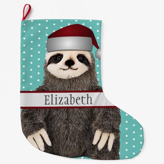 Adorable Sloth Teal Name Kids Animal Large Christmas Stocking (Front)