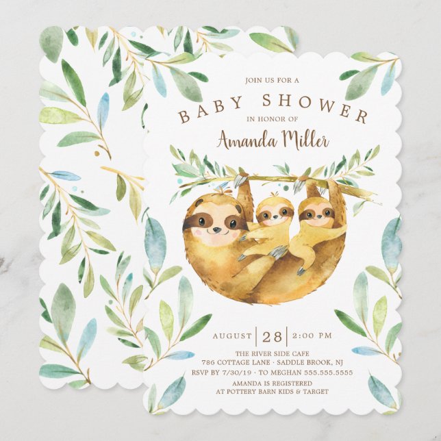 Adorable Sloth Twins Baby Shower Invitation (Front/Back)