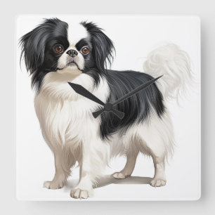 ADORABLE SMALL BLACK & WHITE JAPANESE CHIN DOG SQUARE WALL CLOCK