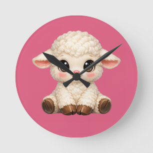 Adorable Smiling Lamb Cartoon Design Banner Round Clock