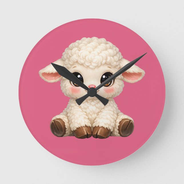 Adorable Smiling Lamb Cartoon Design Banner Round Clock (Front)