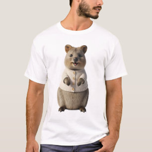 Adorable Smiling Quokka in Cream Cardigan T-Shirt