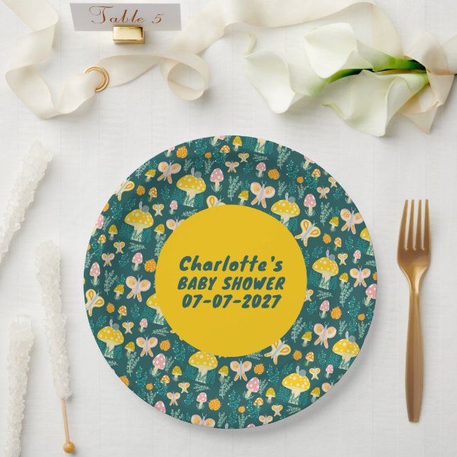 Adorable Snail Mushroom Butterfly Cute BABY SHOWER Paper Plate (Wedding)
