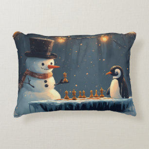 Adorable Snowman and Penguin Playing Chess Decorative Cushion