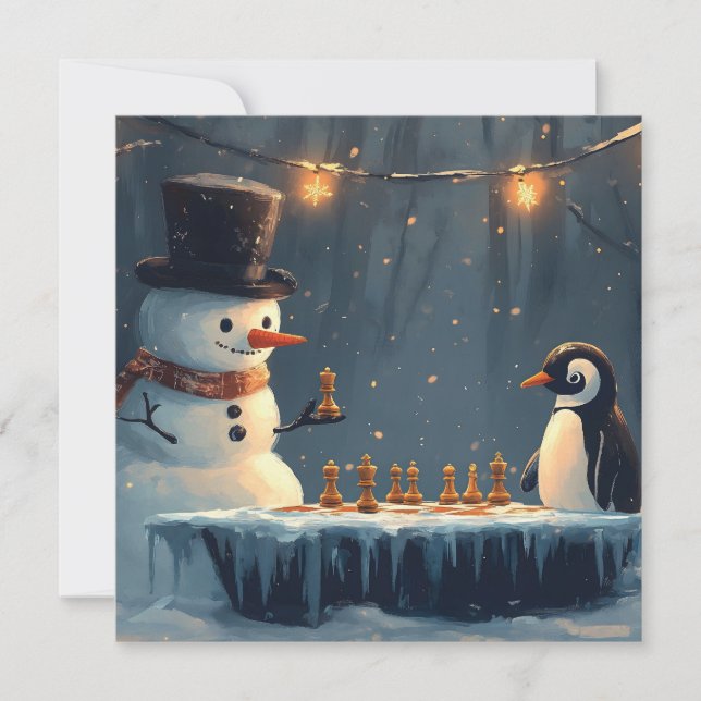 Adorable Snowman and Penguin Playing Chess Holiday Card (Front)