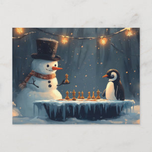 Adorable Snowman and Penguin Playing Chess Holiday Postcard
