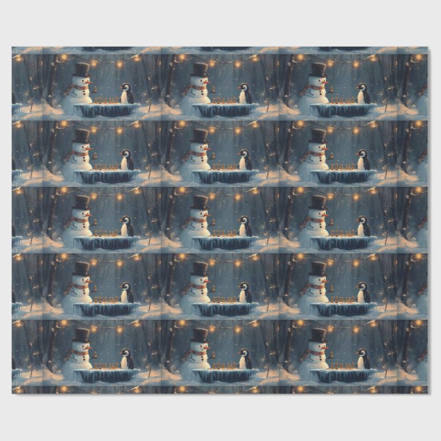 Adorable Snowman and Penguin Playing Chess Wrapping Paper (Flat)