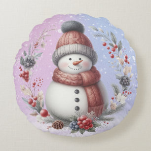 Adorable Snowman Christmas Wreath Round Cushion