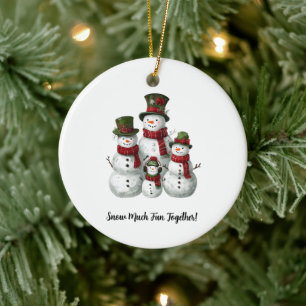 Adorable Snowman Family in Matching Hats & Scarves Ceramic Tree Decoration