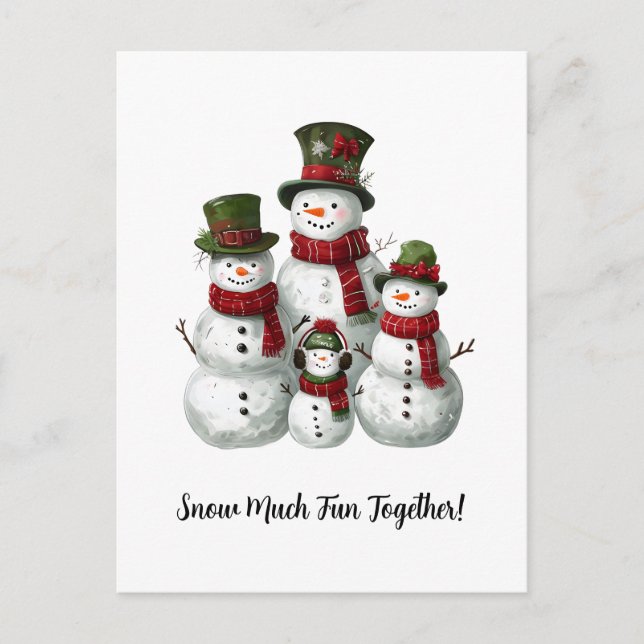 Adorable Snowman Family in Matching Hats & Scarves Holiday Postcard (Front)