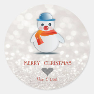 Adorable Snowman,Glittery Bokeh Classic Round Sticker