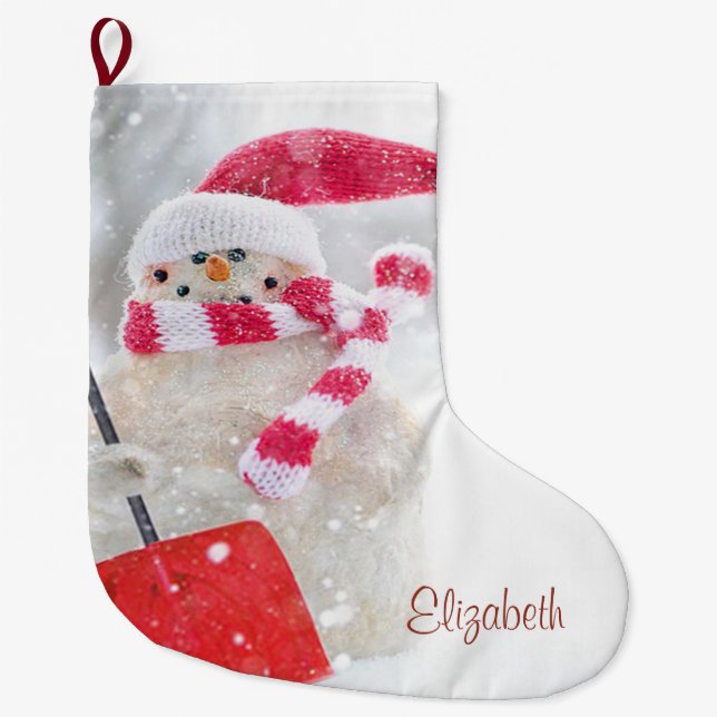 Adorable Snowman With Santa Hat - Personalised Large Christmas Stocking (Front)
