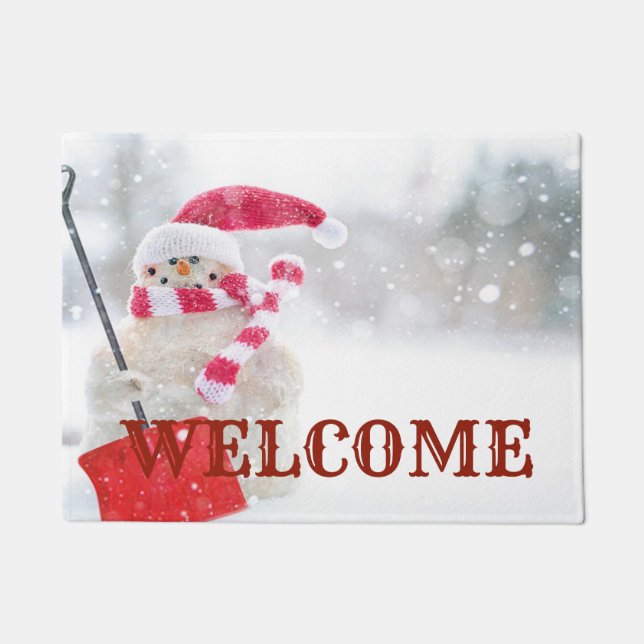 Adorable Snowman With Santa Hat ,Welcome Doormat (Front)