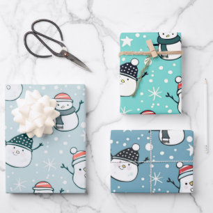 Adorable Snowmen and Snowflakes Christmas Wrapping Paper Sheet