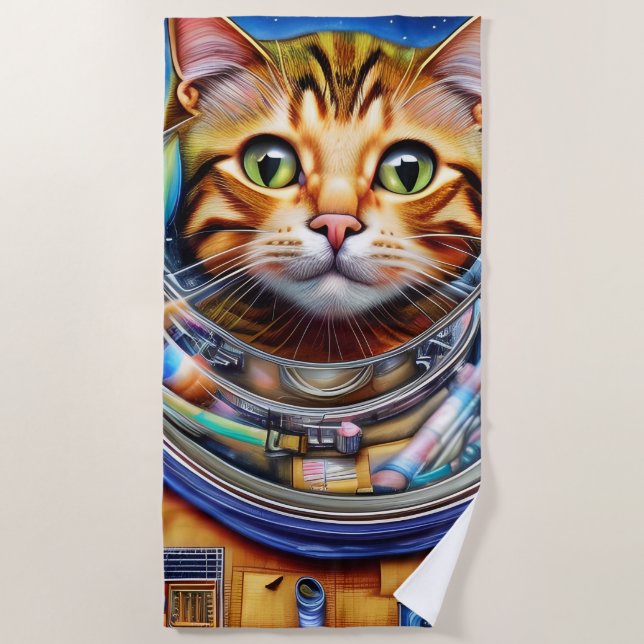 Adorable Space Cat Abstract Artwork Beach Towel (Front)