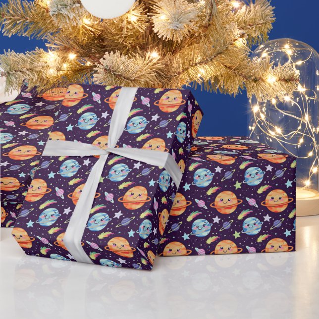 Adorable Space Design Smiling Planets and Shooting Wrapping Paper (Holidays)