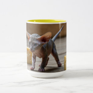 Adorable Sphynx Kitten and Cheese Two-Tone Coffee Mug