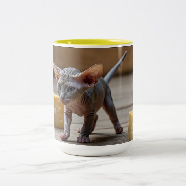 Adorable Sphynx Kitten and Cheese Two-Tone Coffee Mug (Center)
