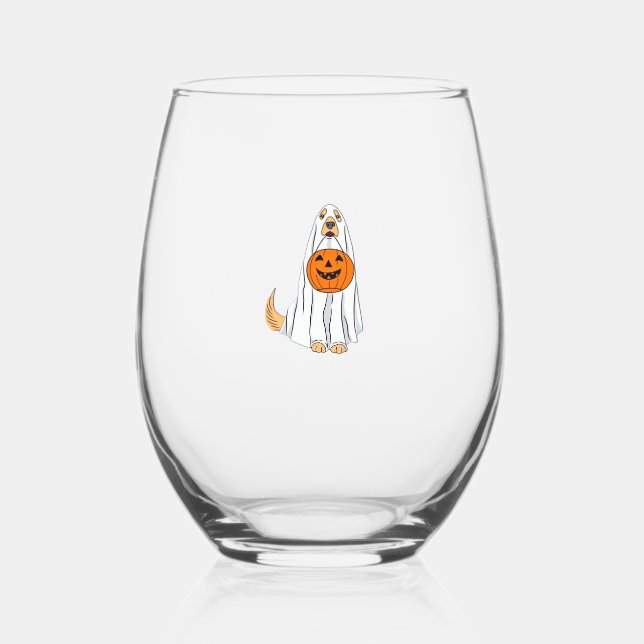 Adorable Spooky Golden Retriever Ghost Classic T-S Stemless Wine Glass (Front)