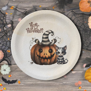 Adorable Spooky Halloween Black n' White Kitten Paper Plate