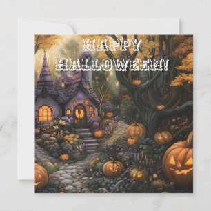 Adorable Spooky House and Halloween Pumpkin Patch Holiday Card