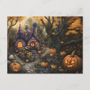 Adorable Spooky House and Halloween Pumpkin Patch Postcard