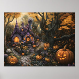 Adorable Spooky House and Halloween Pumpkin Patch Poster