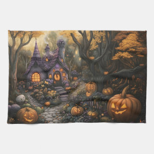 Adorable Spooky House and Halloween Pumpkin Patch Tea Towel