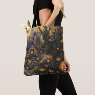 Adorable Spooky House and Halloween Pumpkin Patch Tote Bag