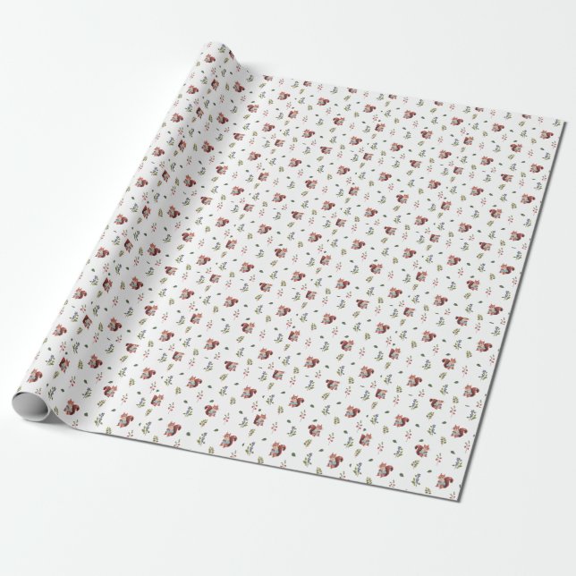 Adorable squirrel and Forest Berries Pattern Wrapping Paper (Unrolled)