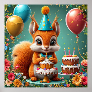 Adorable squirrel Celebrating Birthday Poster