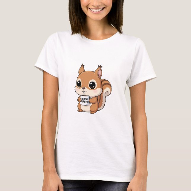 Adorable Squirrel Holding “Monday Survivor” Mug T-Shirt (Front)