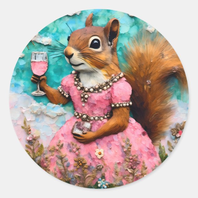 Adorable Squirrel in a Pink Dress Classic Round Sticker (Front)