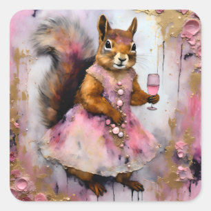 Adorable Squirrel in a Pink Dress with a Drink Square Sticker