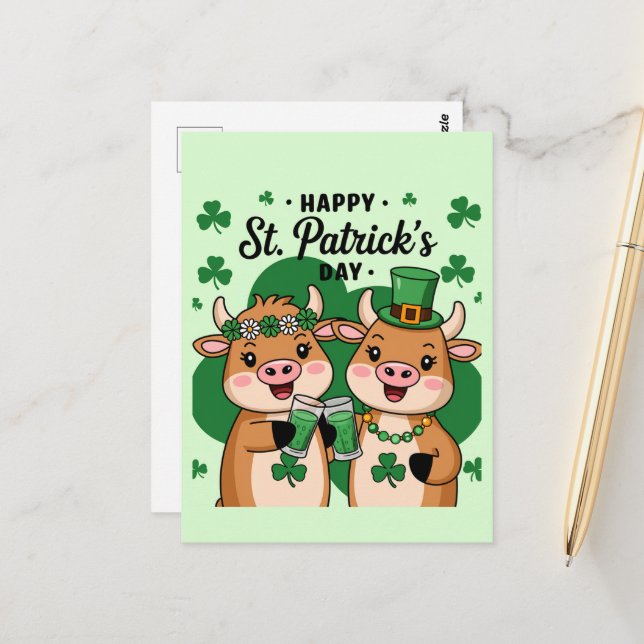 Adorable St Patricks Day Cows  Postcard (Front/Back In Situ)