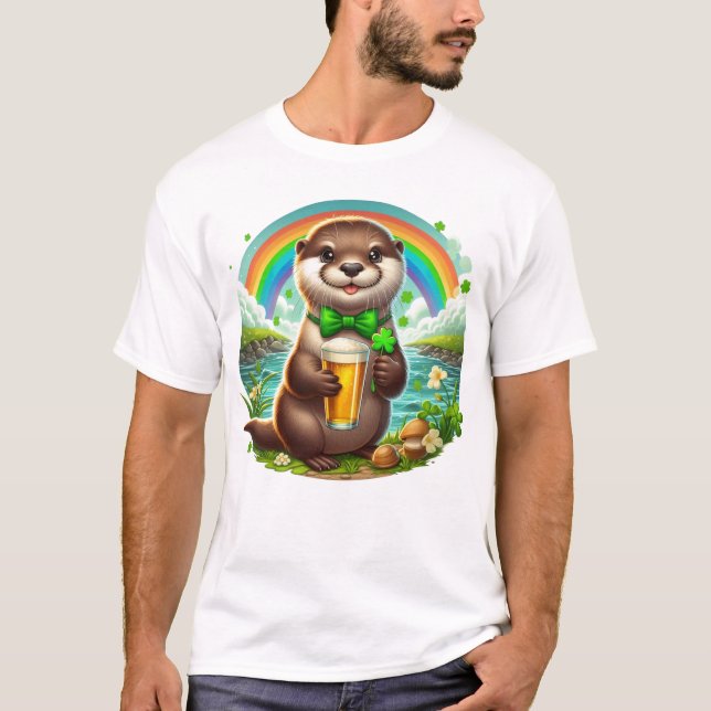 Adorable St. Patricks Day Otter With Beer T-Shirt (Front)