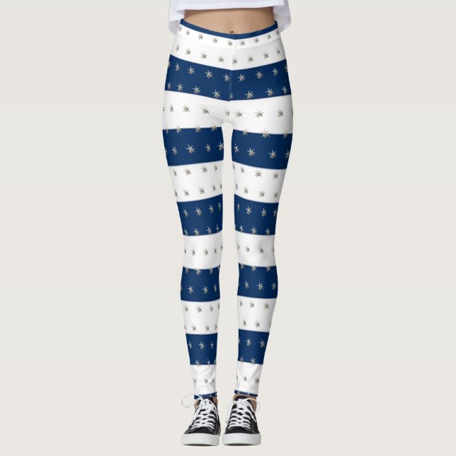 Adorable Starfish ,Navy Blue Stripes Leggings (Front)