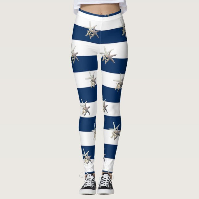 Adorable Starfish ,Navy Blue Stripes Leggings (Front)