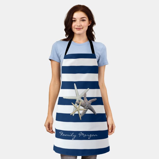 Adorable Starfish ,Navy Blue Stripes-Personalised  Apron (Worn)