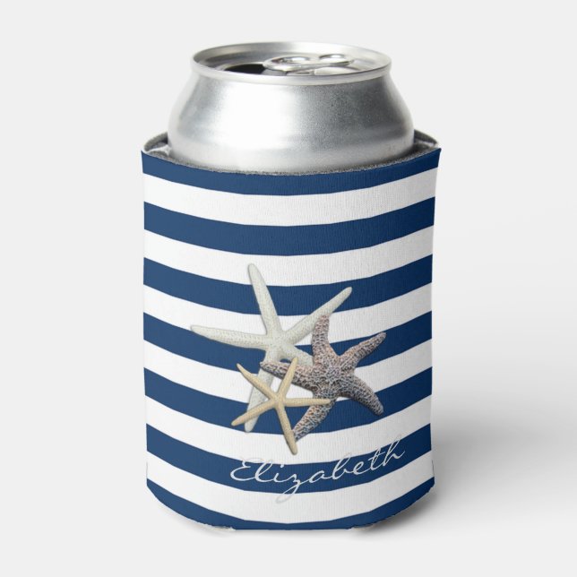 Adorable Starfish ,Navy Blue Stripes-Personalised Can Cooler (Can Front)